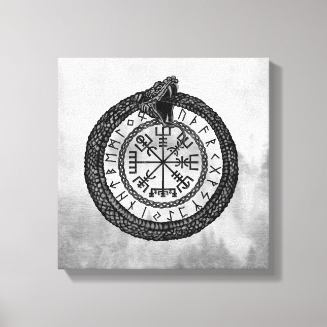 Impressão Em Tela Vegvisir com Ouroboros e corridas - escala cinzent (Frente)