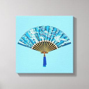 Impressão Em Tela Ventilador japonês azul e branco em turquesa