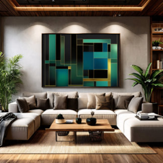 Impressão Em Tela Verde Esmeralda e Dourado Geométrico Abstrato