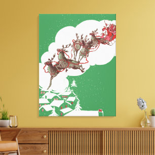 Impressão Em Tela Véspera de Natal Vintage, Papai Noel Retrô em Tren