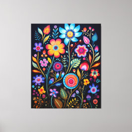 Impressão Em Tela Vibrant Neon Floral Black Background Wood Plaque