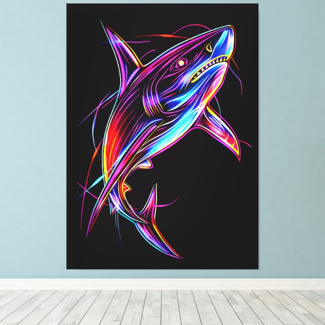 Impressão Em Tela Vibrant Neon Shark Modern Digital Ocean (Insitu(piso de madeira))