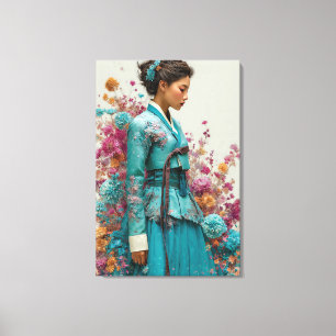 Impressão Em Tela Vibrante Hanbok Azul Turquesa e Arte em Tela de Fl