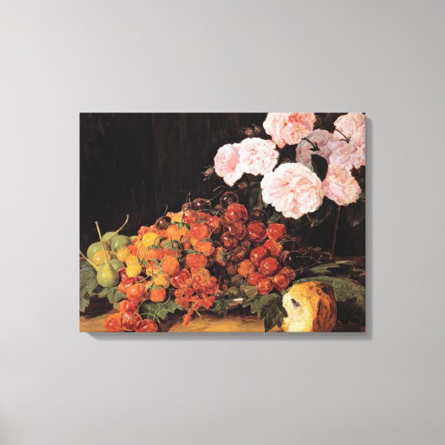 Impressão Em Tela Vida Contínua com Rosas, Morangos e Pão (Frente)