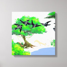 Impressão Em Tela Vida na Floresta primavera com Aves e Esquilo - Na
