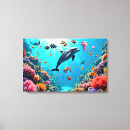 Impressão Em Tela Vida Oceânica com Golfinho e Recife de Coral