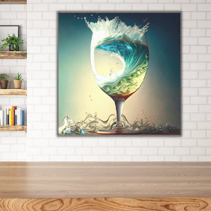 Impressão Em Tela Vidro de Vinho Surreal com Ondas Oceânicas