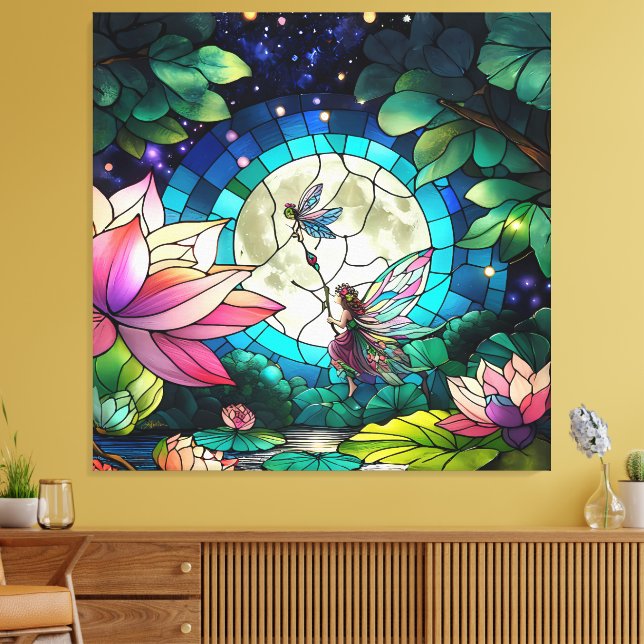 Impressão Em Tela Vidro Pintado Pequena Fada Com Libélula (Insitu(Sala de estar))