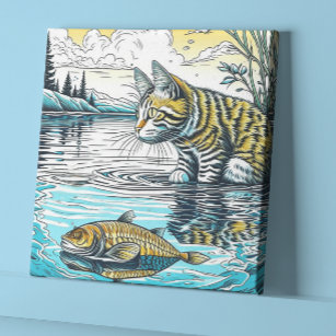 Impressão Em Tela Vintage Blue e Yellow Cat and Fish Games Ai Art