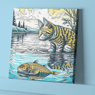 Impressão Em Tela Vintage Blue e Yellow Cat and Fish Games Ai Art