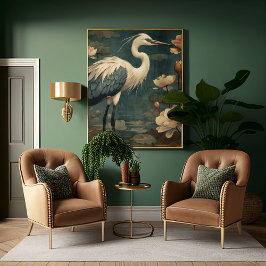 Impressão Em Tela Vintage botânica, grua azul e lótus também