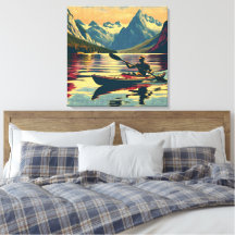 Vintage Camping Scene Man Kayaking