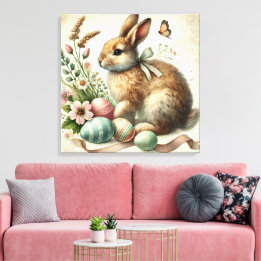 Impressão Em Tela Vintage Easter Bunny Rabbit Watercolor
