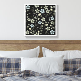 Impressão Em Tela Vintage Floral Pattern with Ladybugs on Black
