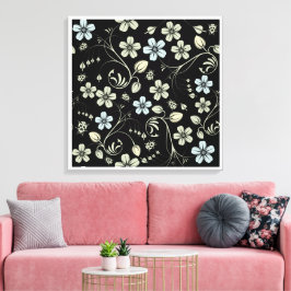 Impressão Em Tela Vintage Floral Pattern with Ladybugs on Black