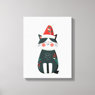Impressão Em Tela Vintage Gato Fofo com Chapéu de Papai Noel – Natal