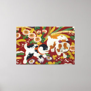 Impressão Em Tela Vintage Japonês Puppy e Flor