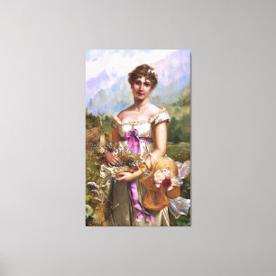 Impressão Em Tela Vintage Linda Senhora Rosa Fita Branca Flores