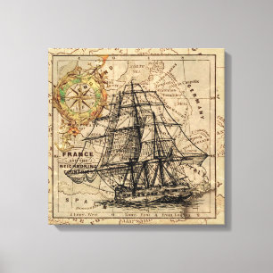 Impressão Em Tela Vintage Navio E Mapa