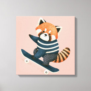 Impressão Em Tela Vintage Panda Vermelho Fofo Esquilo Patinando