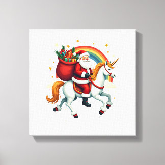 Impressão Em Tela Vintage Papai Noel Montando Unicórnio Arco-íris Na