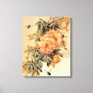 Impressão Em Tela Vintage "Rosas e abelhas"