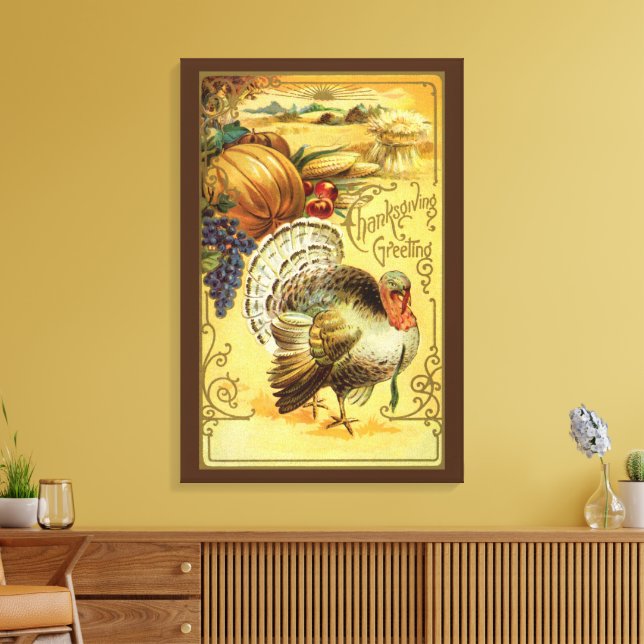 Impressão Em Tela Vintage Thanksgiving Greetings with Turkey (Insitu(Sala de estar))