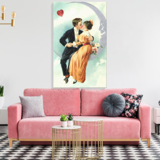 Impressão Em Tela Vintage Valentine's Day Victorian Kiss on the Moon