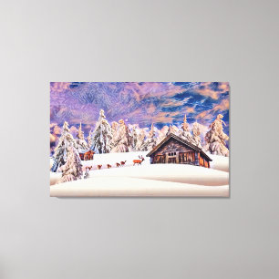 Impressão Em Tela Vintage Winter Scenerdeer Log Cabin Painting