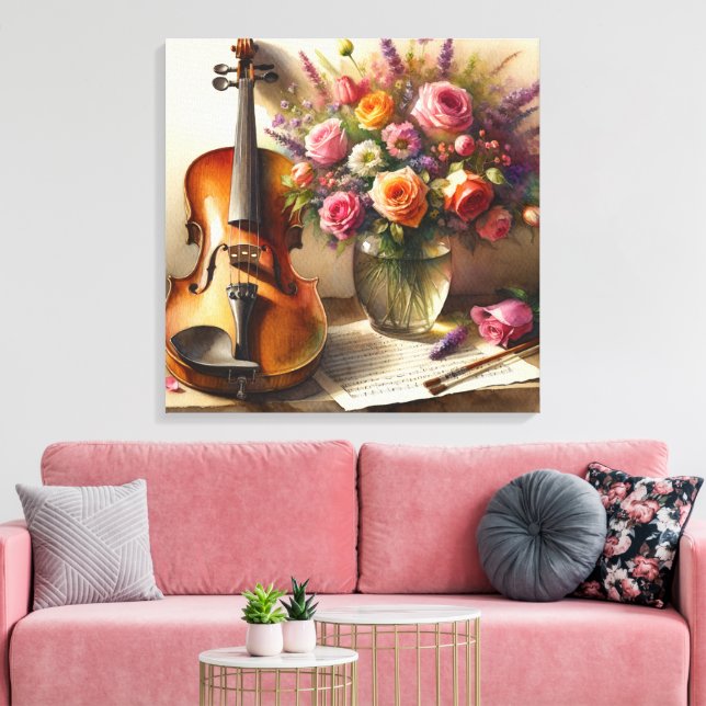 Impressão Em Tela Violino, Música Folha e Vaso de Flores (Insitu(Sala de estar))