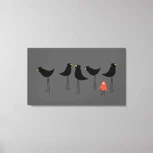 Impressão Em Tela Visitante preto do pássaro, fundo cinzento