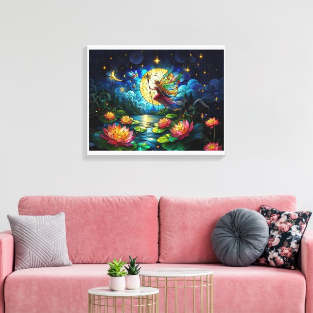 Impressão Em Tela Voo da Fada ao Luar com Vitral (Insitu(Sala de estar))
