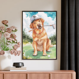 Impressão Em Tela Watercolor Cute Golden Retriever Golf
