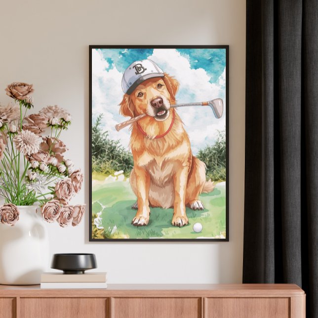 Impressão Em Tela Watercolor Cute Golden Retriever Golf (Criador carregado)