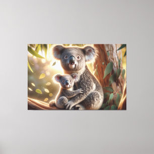 Impressão Em Tela Watercolor Koala e Baby Joey em uma pintura em árv