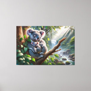 Impressão Em Tela Watercolor Koala e Baby Joey em uma pintura em árv