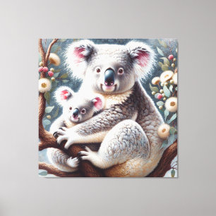 Impressão Em Tela Watercolor Koala e Baby Joey em uma pintura em árv