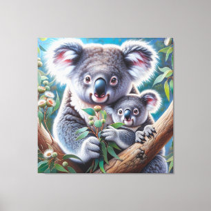 Impressão Em Tela Watercolor Koala e Baby Joey em uma pintura em árv