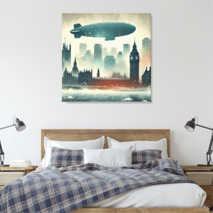 Impressão Em Tela Watercolor London Skyline com Dirigível