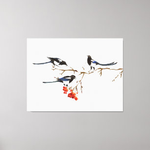 Impressão Em Tela Watercolor Magpie Birds Nature Art