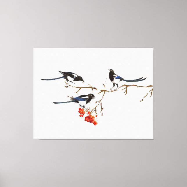 Impressão Em Tela Watercolor Magpie Birds Nature Art (Frente)