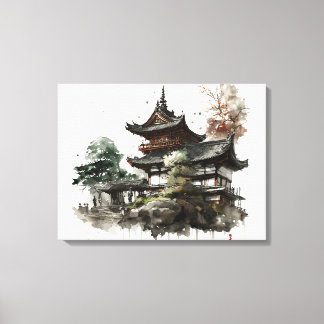 Impressão Em Tela Watercolor painting style of a japanese temple