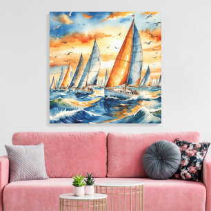 Impressão Em Tela Watercolor Sailboat Regatta