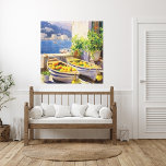 Impressão Em Tela Watercolor Sunny Day em Capri<br><div class="desc">Impressão de tela com uma vibrante cena de aquarela de um dia de verão na costa, ilha de Capri, Itália. A impressão apresenta uma ilustração dos limões espalhados em barcos a remos azuis e brancos na frente com os barcos navegando na praia azul, colinas itinerantes e bela arquitetura do Capri...</div>