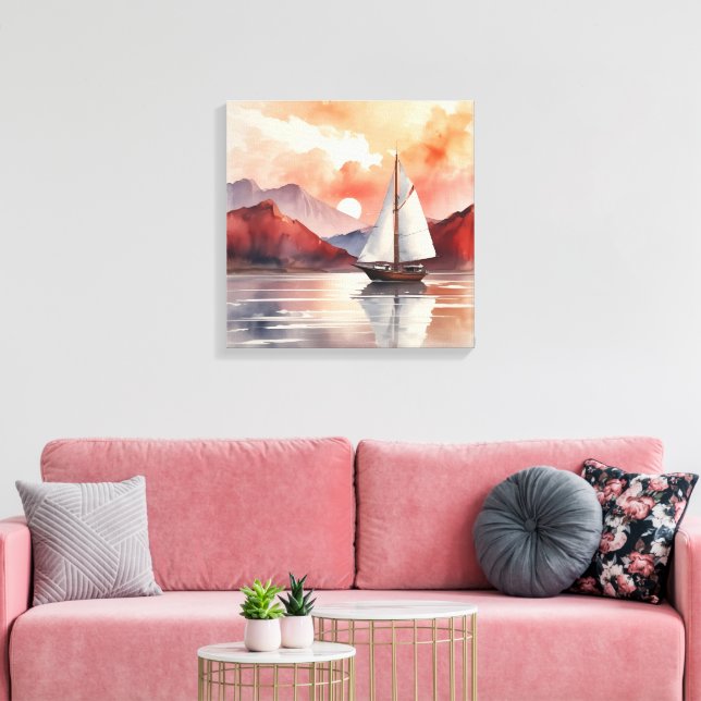 Impressão Em Tela Watercolor Sunrise Com Iate (Insitu(Sala de estar))