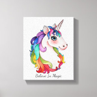 Impressão Em Tela Watercolor Unicorn Com Cabelo Arco-Íris