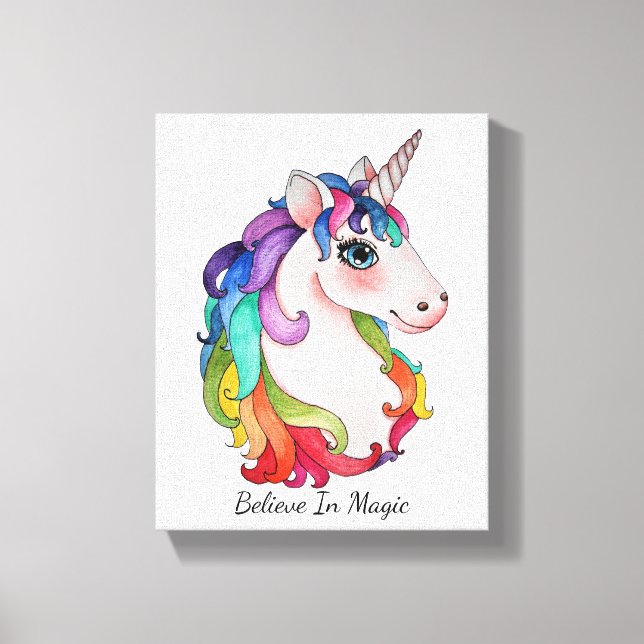 Impressão Em Tela Watercolor Unicorn Com Cabelo Arco-Íris (Frente)