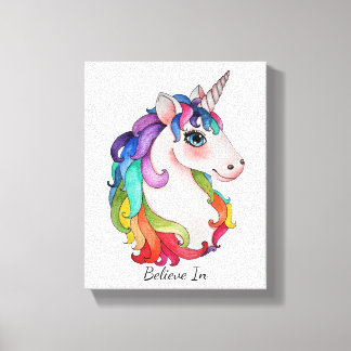 Impressão Em Tela Watercolor Unicorn Com Cabelo Arco-Íris