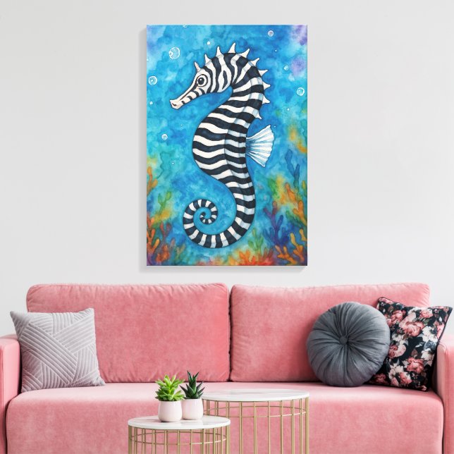 Impressão Em Tela Watercolor Zebra Seahorse (Insitu(Sala de estar))