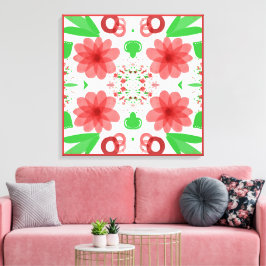 Impressão Em Tela Whimsical Red Flowers Green Leaves On White Art